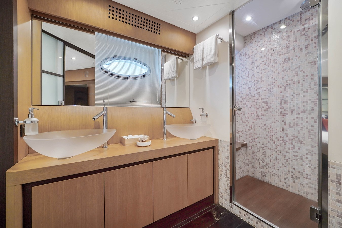 a bathroom with a large shower unit aboard SHADOW Yacht for Sale