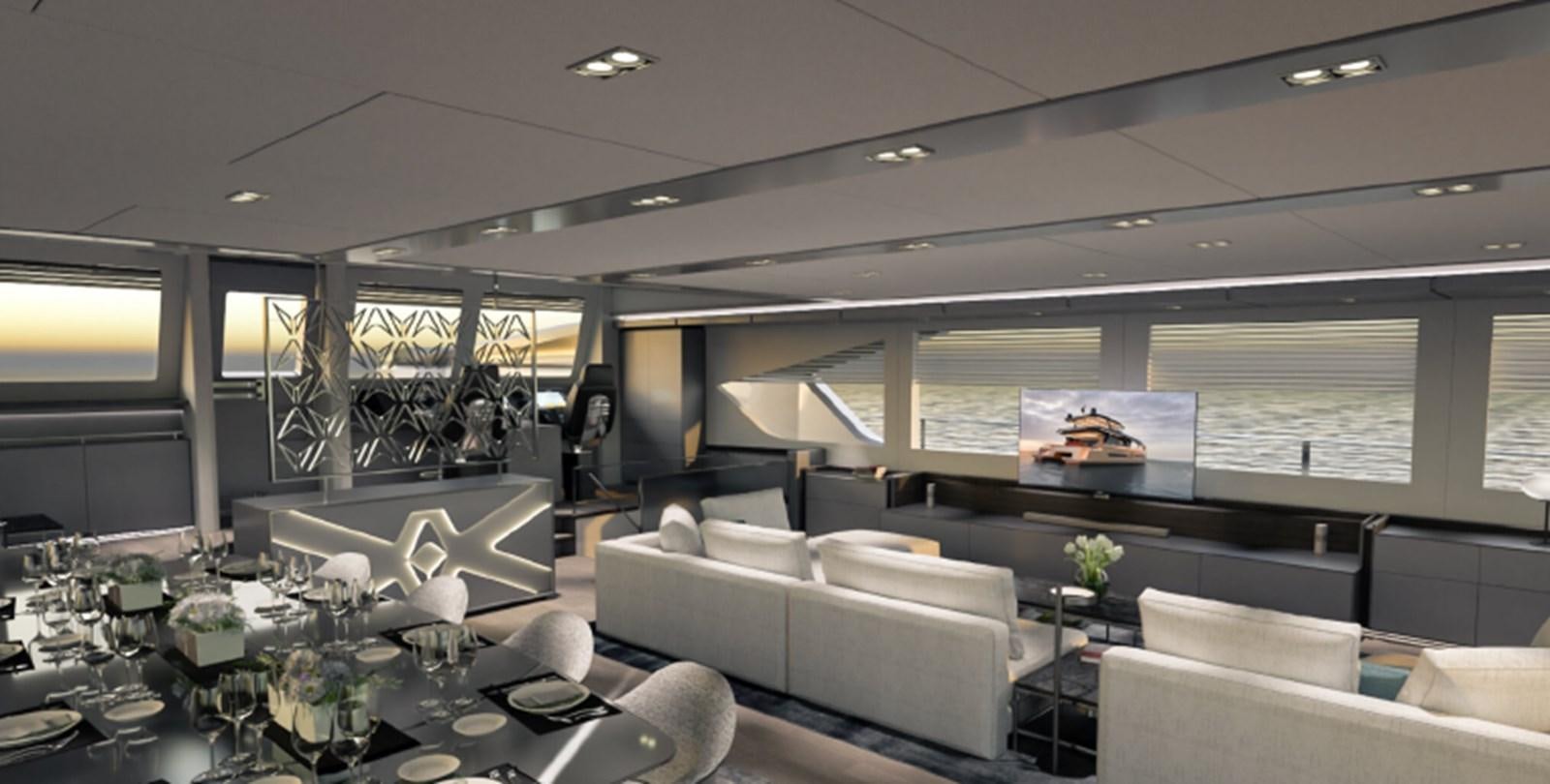 a room with couches and a table aboard 2023 ALVA YACHTS OCEAN ECO 90 Yacht for Sale