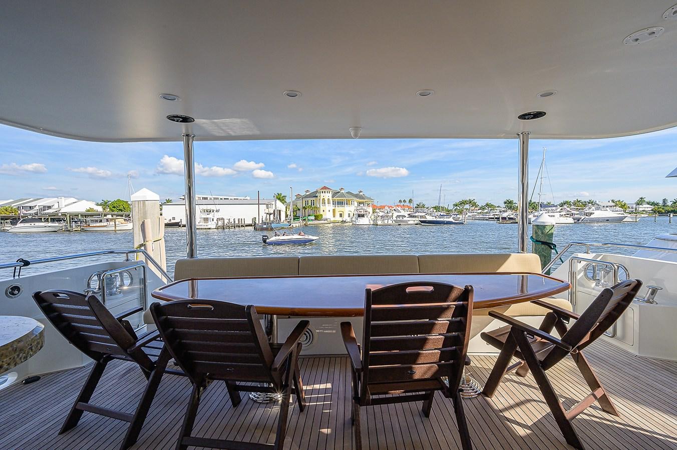 a table and chairs on a deck overlooking a body of water aboard ONE SHOT Yacht for Sale