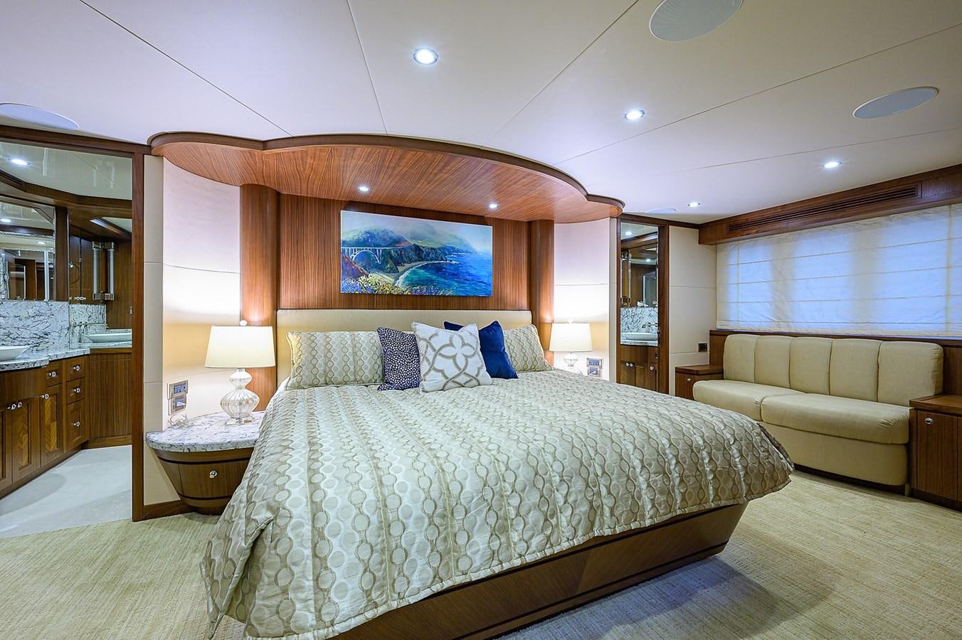 a large bed in a room aboard ONE SHOT Yacht for Sale