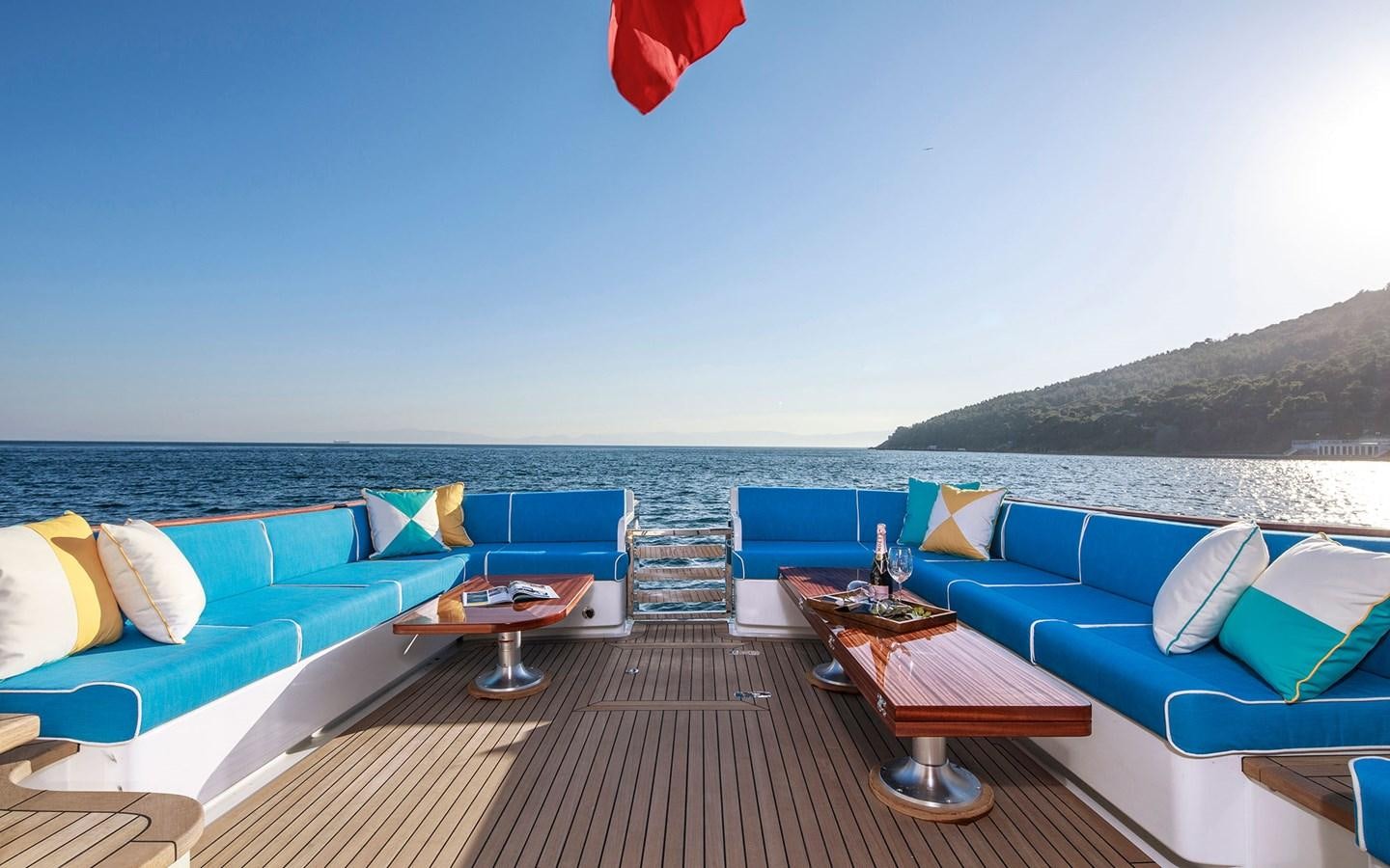 a deck with a view of the ocean and the ocean aboard ALECTO Yacht for Sale