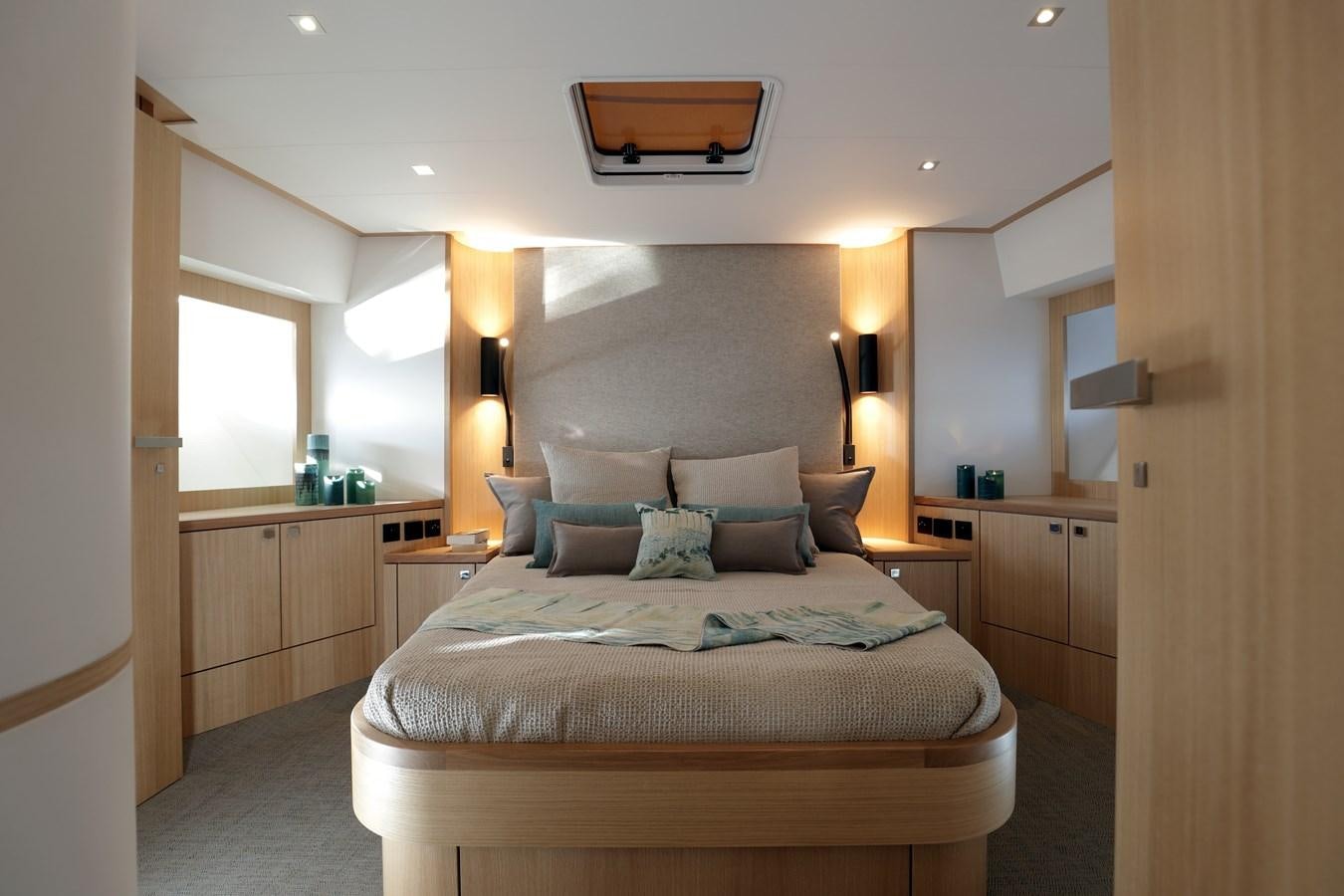 a bed in a room aboard ARMONEE Yacht for Sale