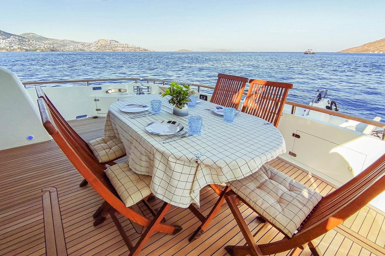 a table set for a meal on a boat aboard SEVEN Yacht for Sale