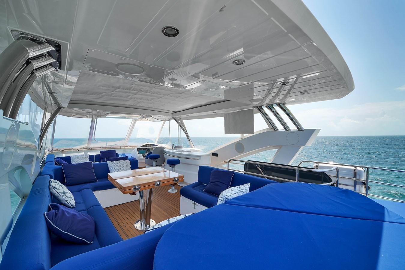 a boat with blue seats aboard SUNSEEKER 73 2013 Yacht for Sale