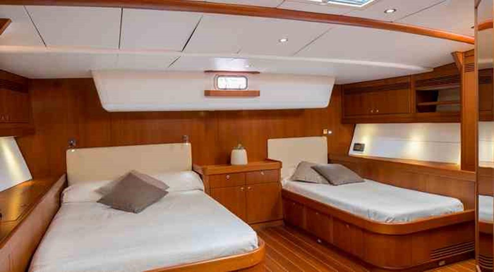 a room with two beds aboard ELISE WHISPER Yacht for Sale