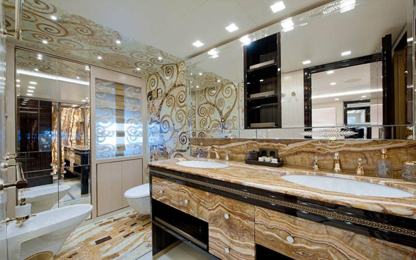 a bathroom with a large marble counter aboard SCORPION Yacht for Sale