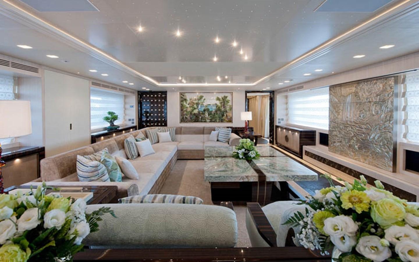 a living room with a large window aboard SCORPION Yacht for Sale