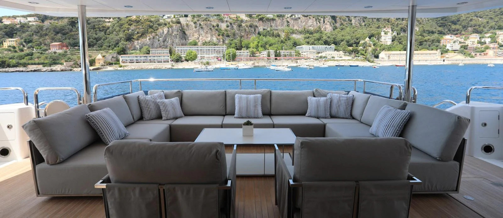 a living room with a large window aboard ALADDIN Yacht for Sale