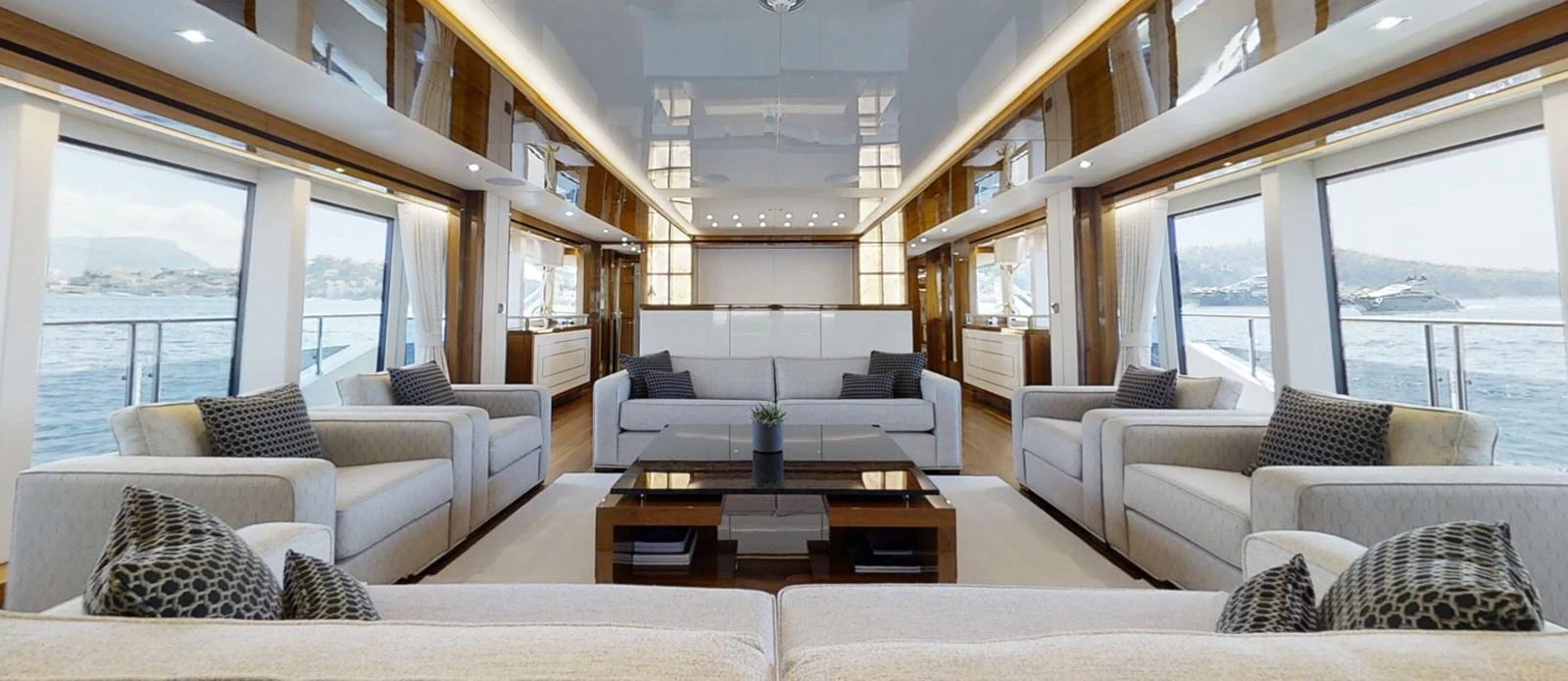 a living room with a large window aboard ALADDIN Yacht for Sale