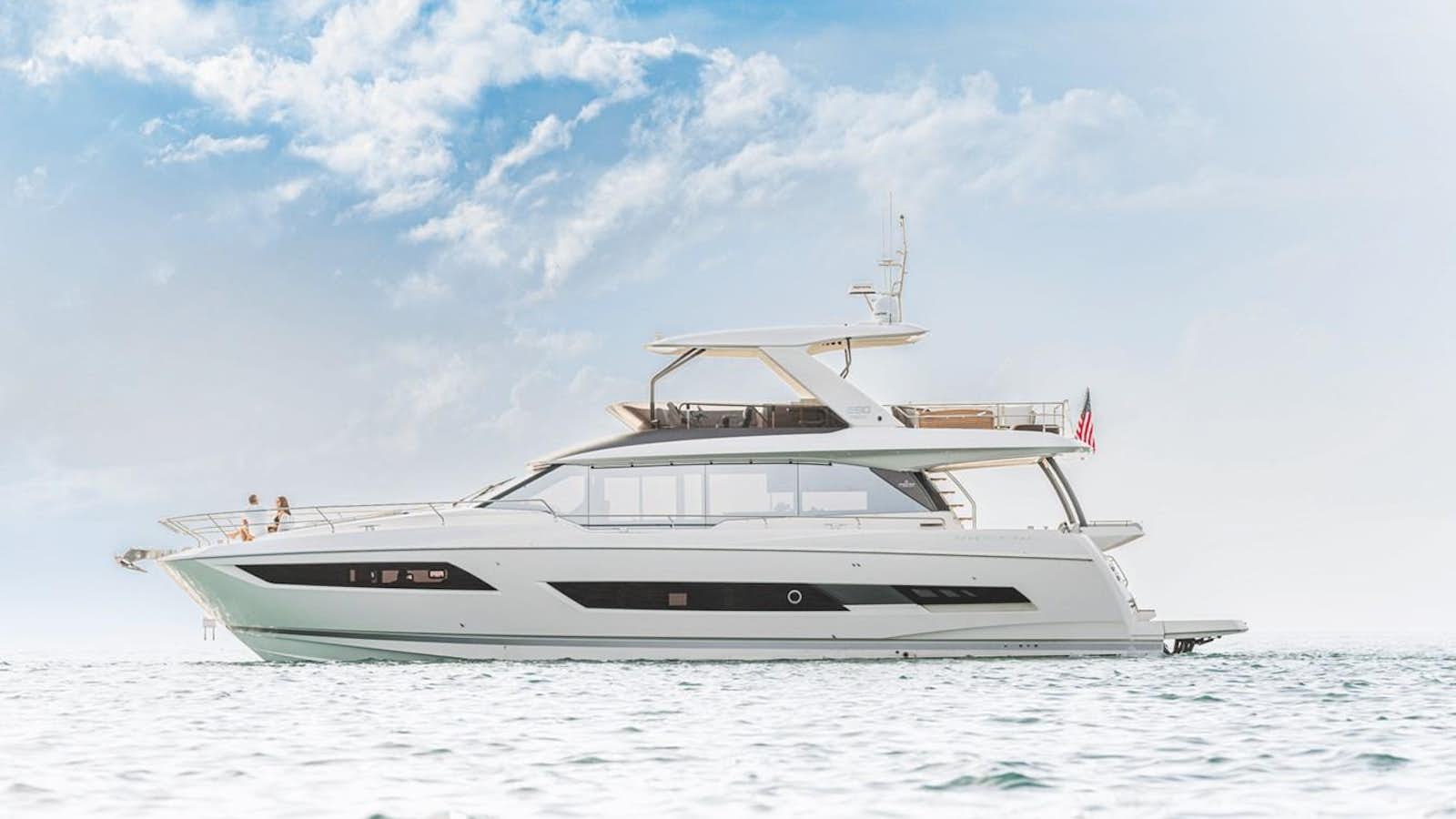 a white boat on the water aboard 2021 PRESTIGE YACHTS 690 FLYBRIDGE Yacht for Sale