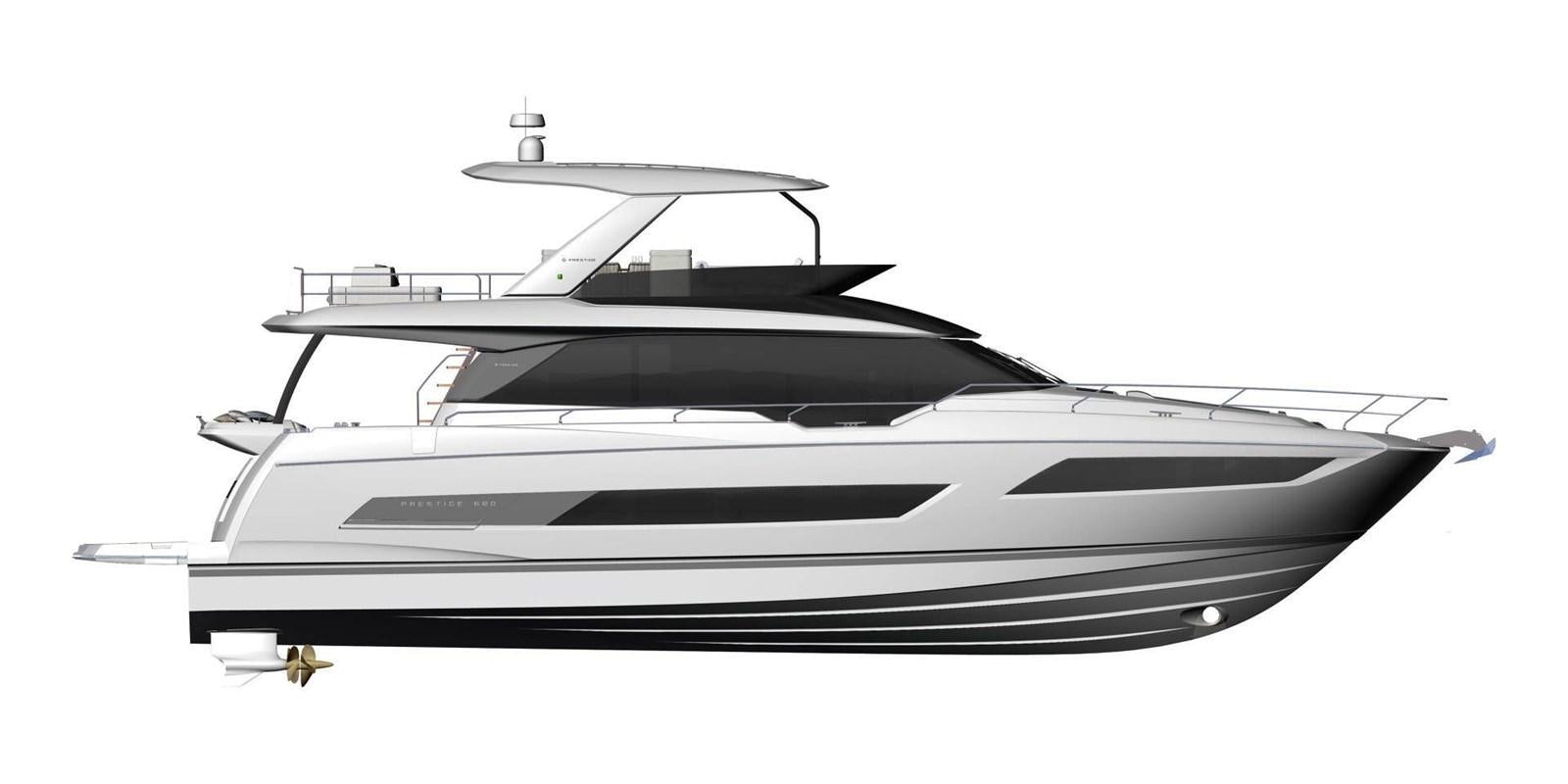 a black and white car aboard 2021 PRESTIGE YACHTS 690 FLYBRIDGE Yacht for Sale