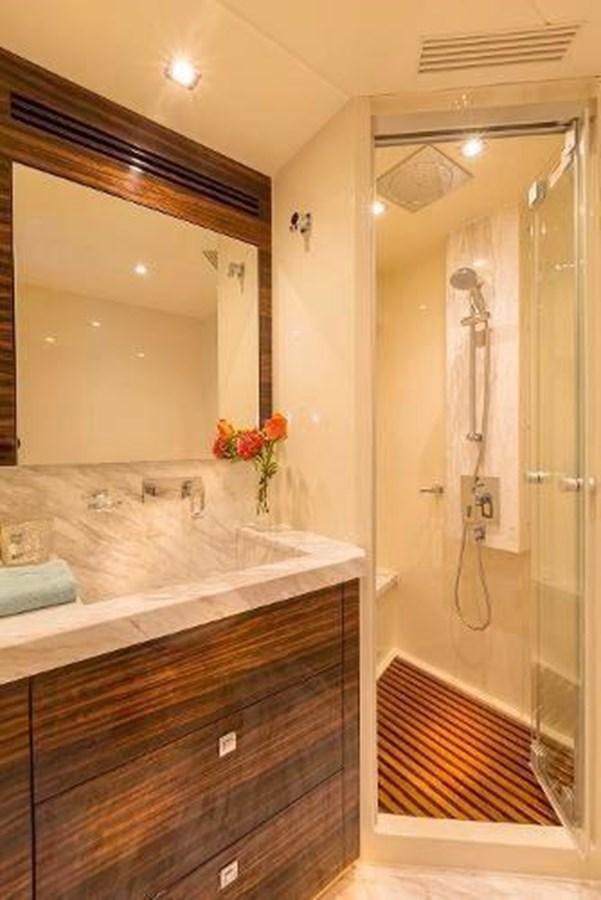 a bathroom with a large mirror aboard HAMPTON EURO 830 Yacht for Sale