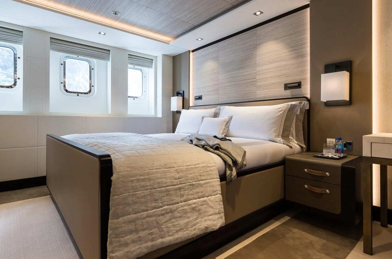 a bed in a room aboard LAURENTIA Yacht for Charter