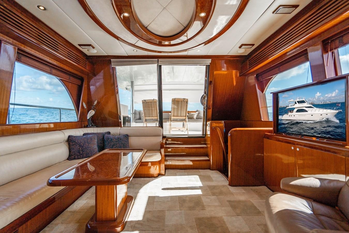 a living room with a large screen aboard Miss Penny Yacht for Sale