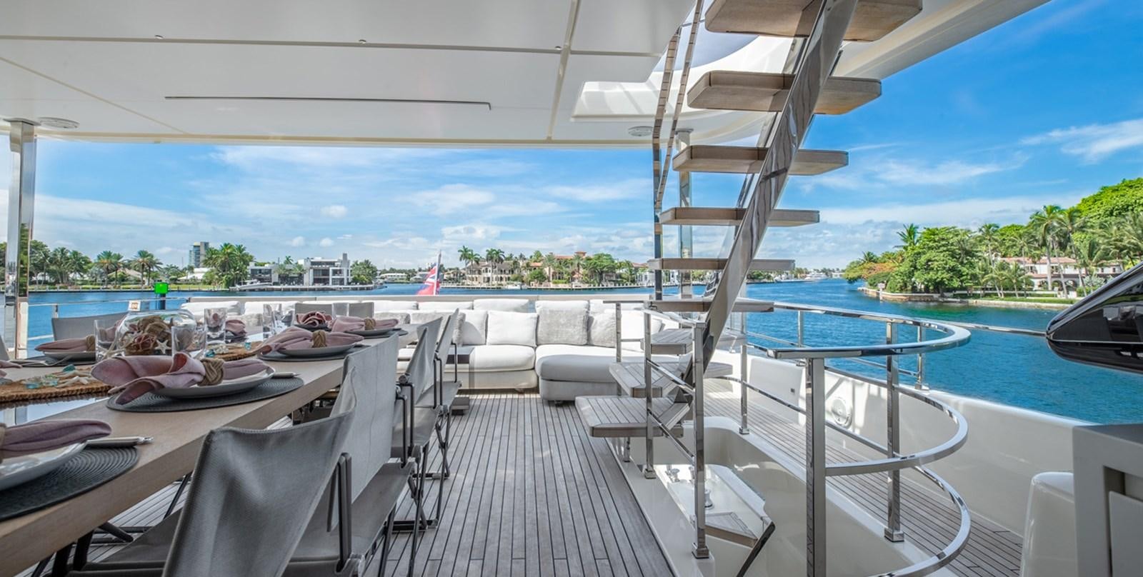 a deck with a view of the water and the beach aboard OCEAN Z Yacht for Sale