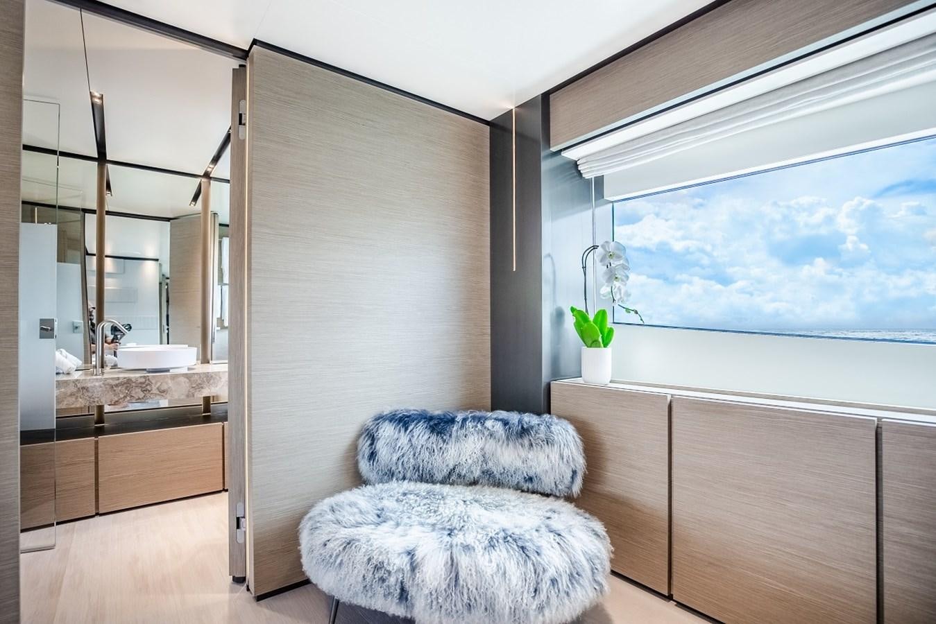 a modern bathroom with a large window aboard OCEAN Z Yacht for Sale
