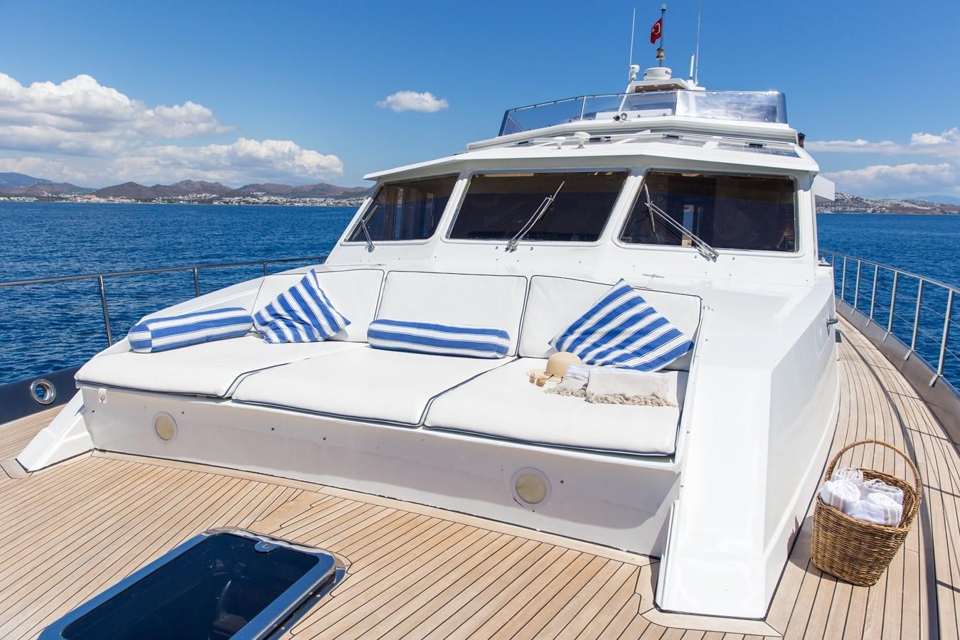 a white boat on a dock aboard ENIGMA BLUE Yacht for Sale