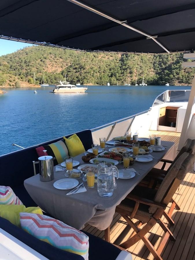 a table with food on it next to a body of water aboard ENIGMA BLUE Yacht for Sale