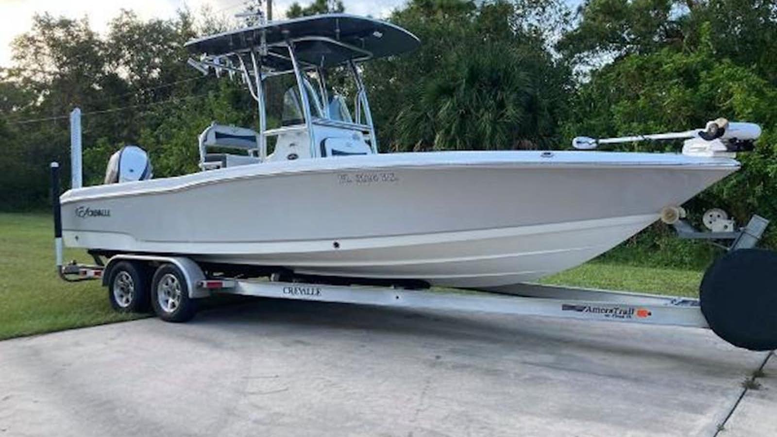 a white boat on a trailer aboard 2018 CREVALLE  Yacht for Sale