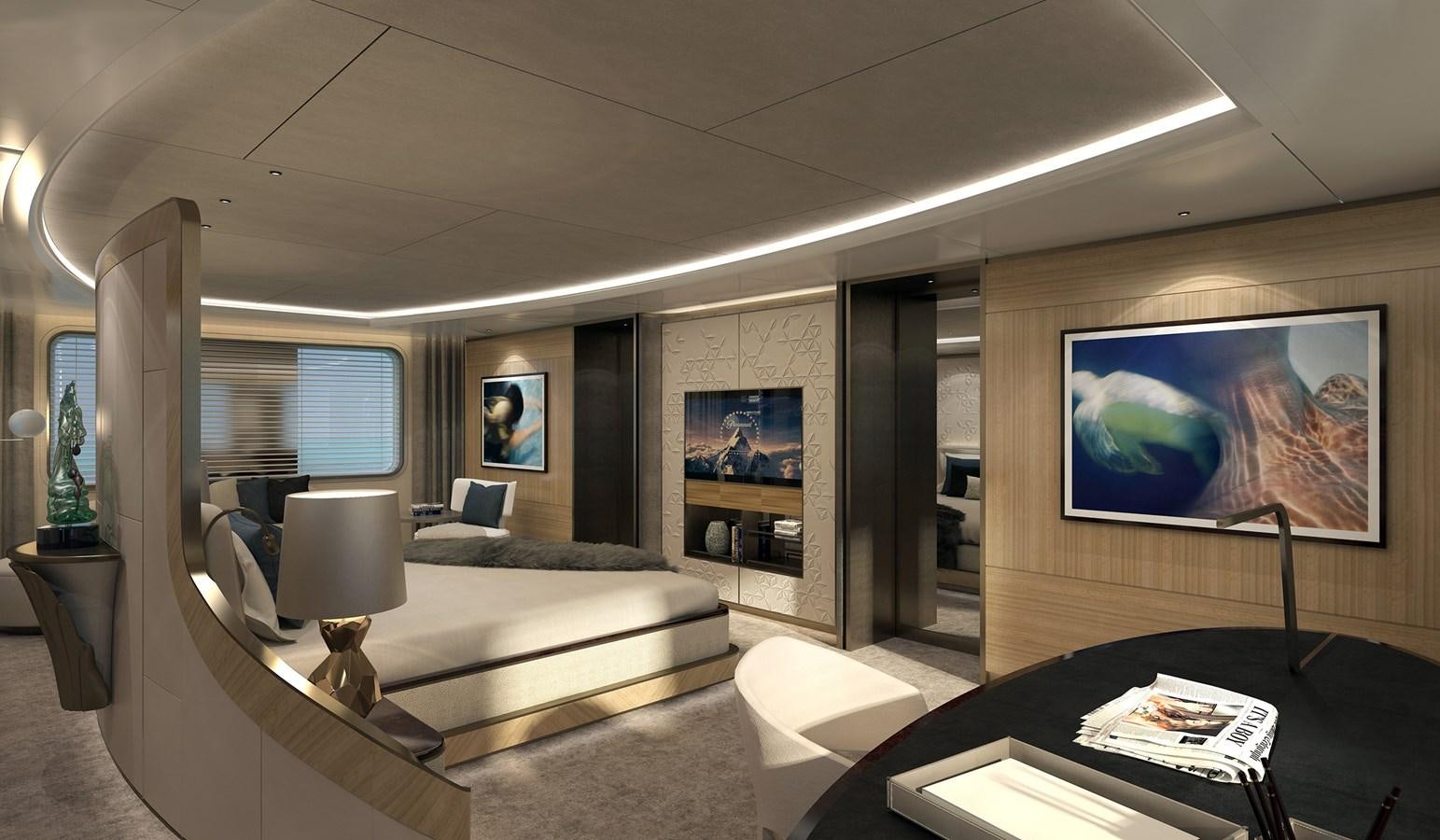 a room with a couch and a table and a television aboard SEAXPLORER 60 Yacht for Sale