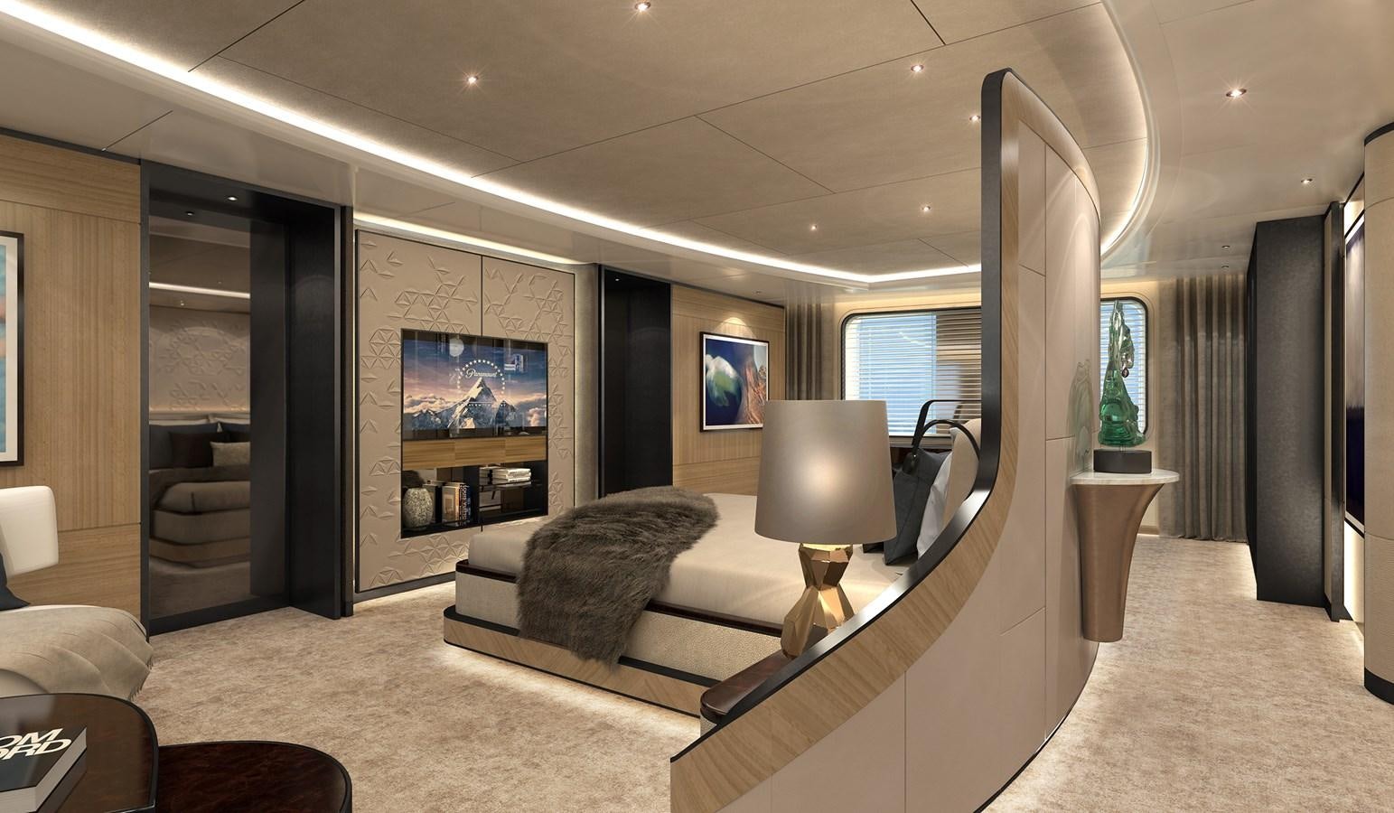 a room with a large bed and a large screen aboard SEAXPLORER 60 Yacht for Sale