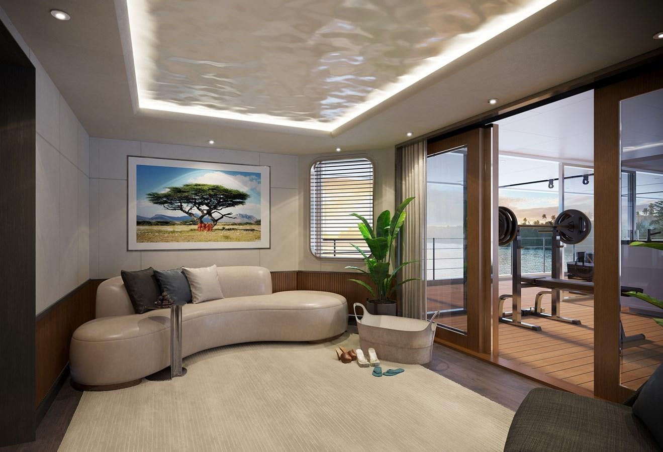 a living room with a large window aboard SEAXPLORER 60 Yacht for Sale
