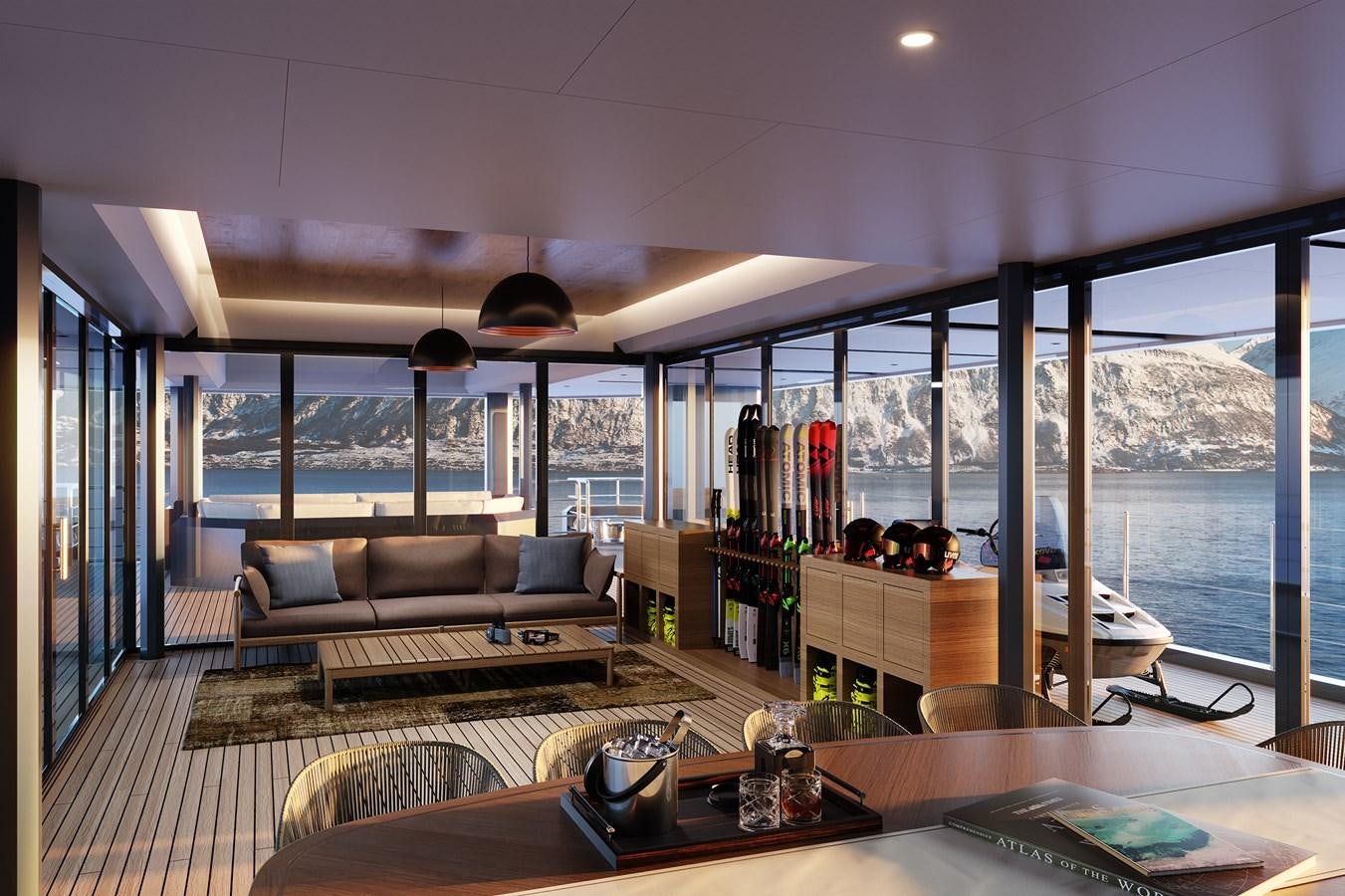 a living room with a large window aboard SEAXPLORER 60 Yacht for Sale