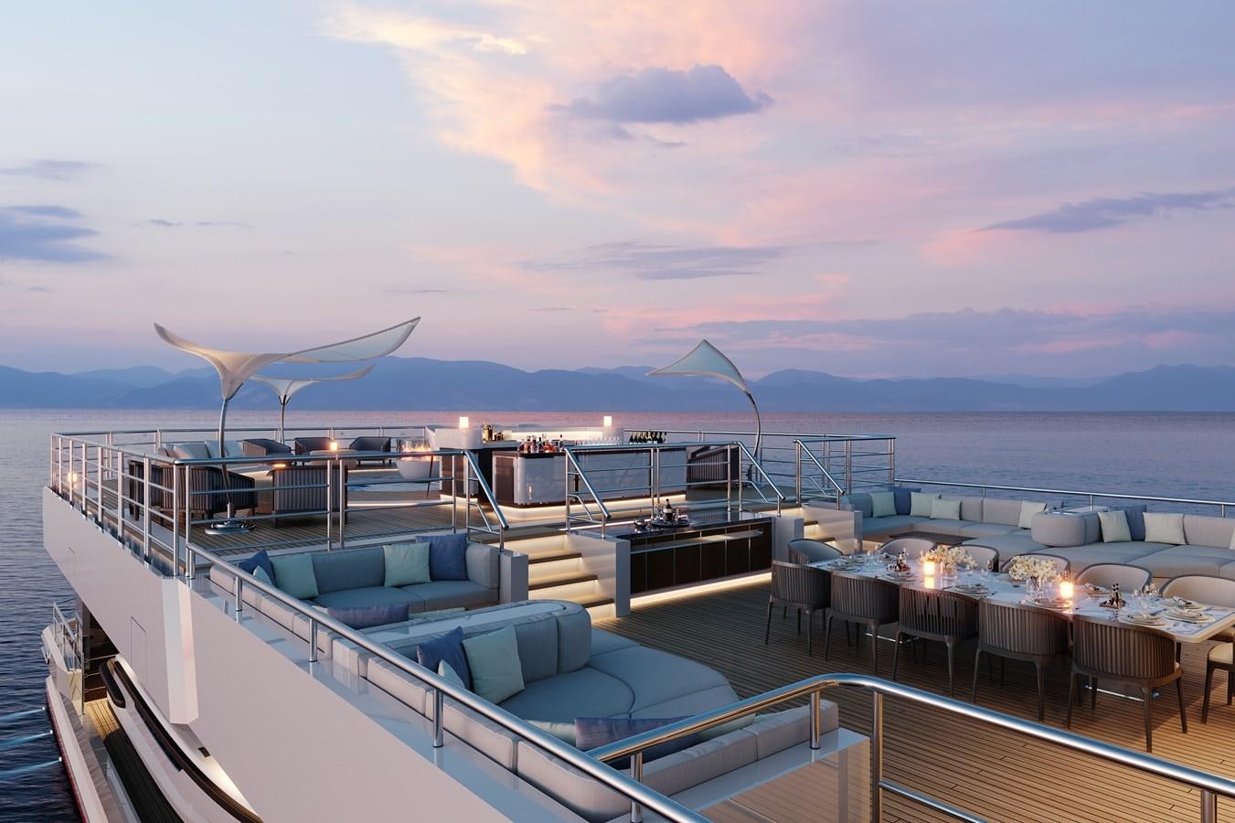 a deck with a large body of water and a large boat in the background aboard SEAXPLORER 60 Yacht for Sale