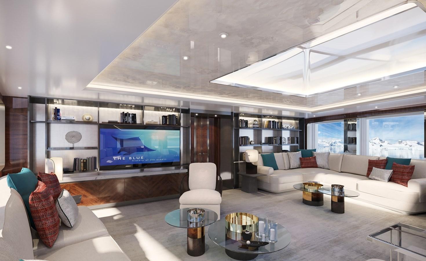 a living room with a large screen aboard SEAXPLORER 60 Yacht for Sale