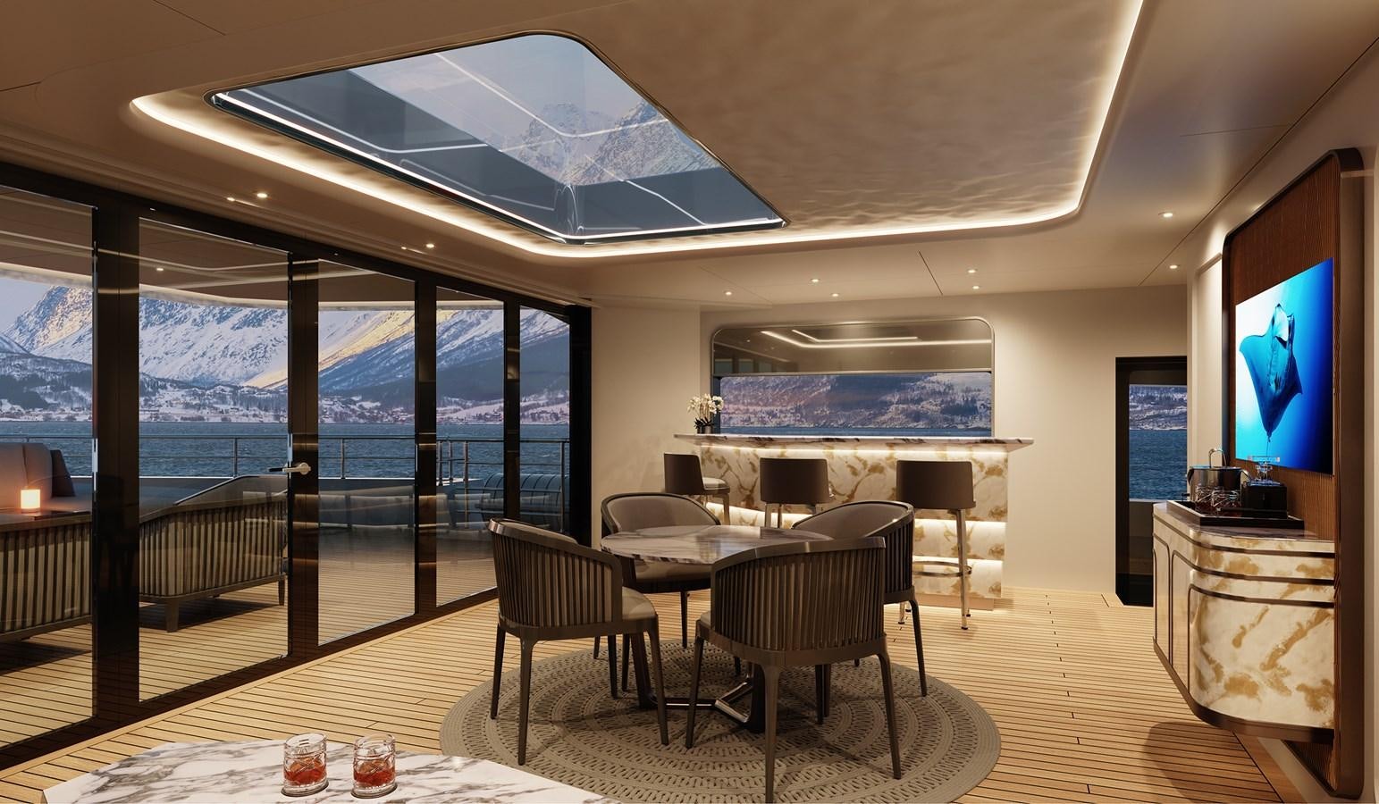 a room with a large glass ceiling aboard SEAXPLORER 60 Yacht for Sale