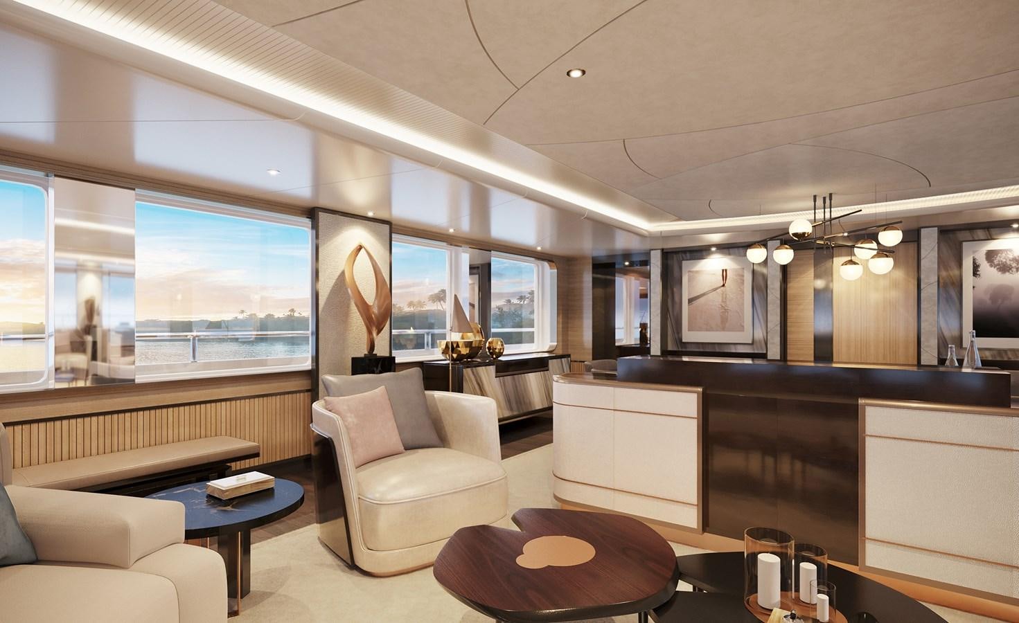 a living room with a large window aboard SEAXPLORER 60 Yacht for Sale