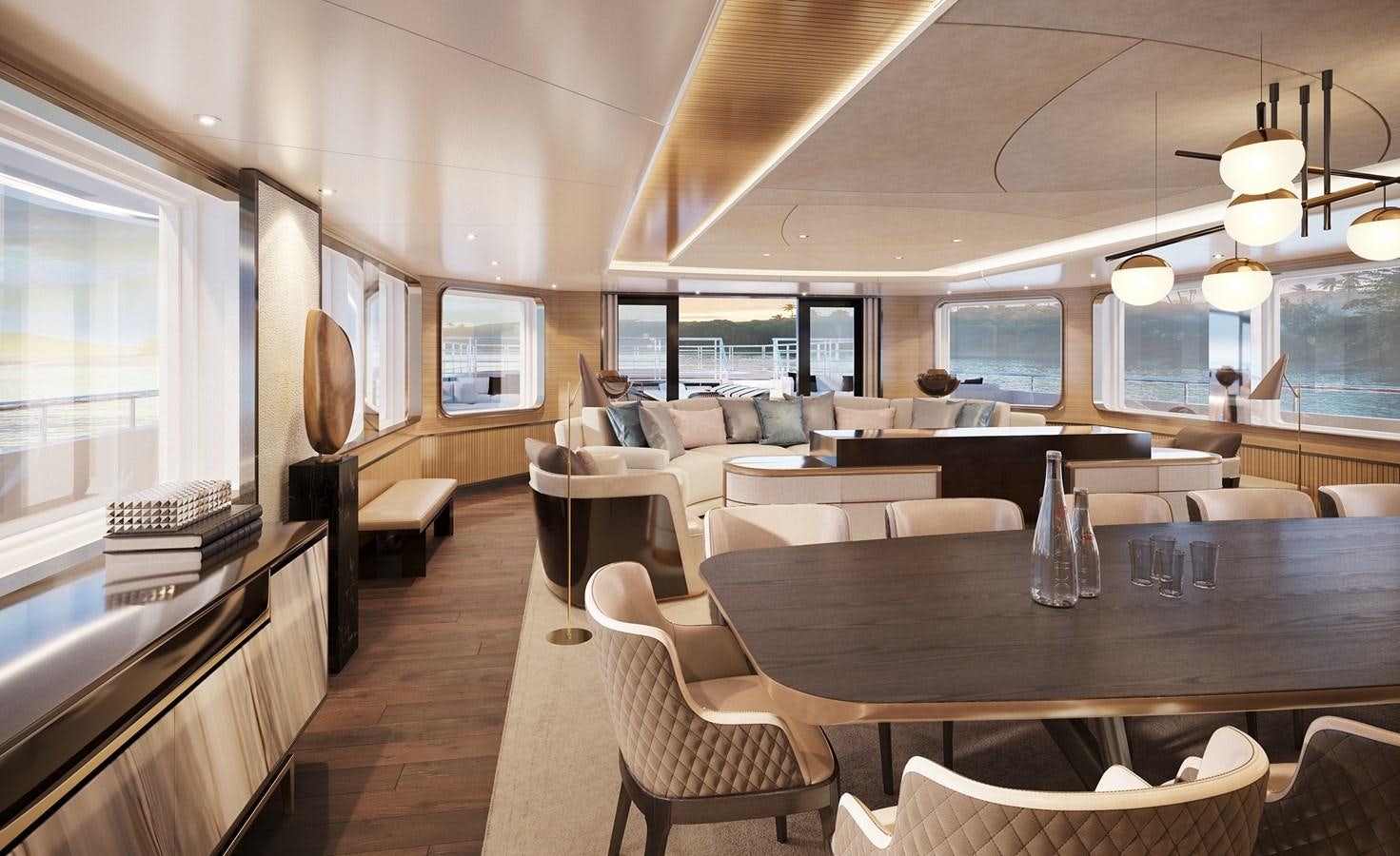 a room with a table chairs and a large window aboard SEAXPLORER 60 Yacht for Sale