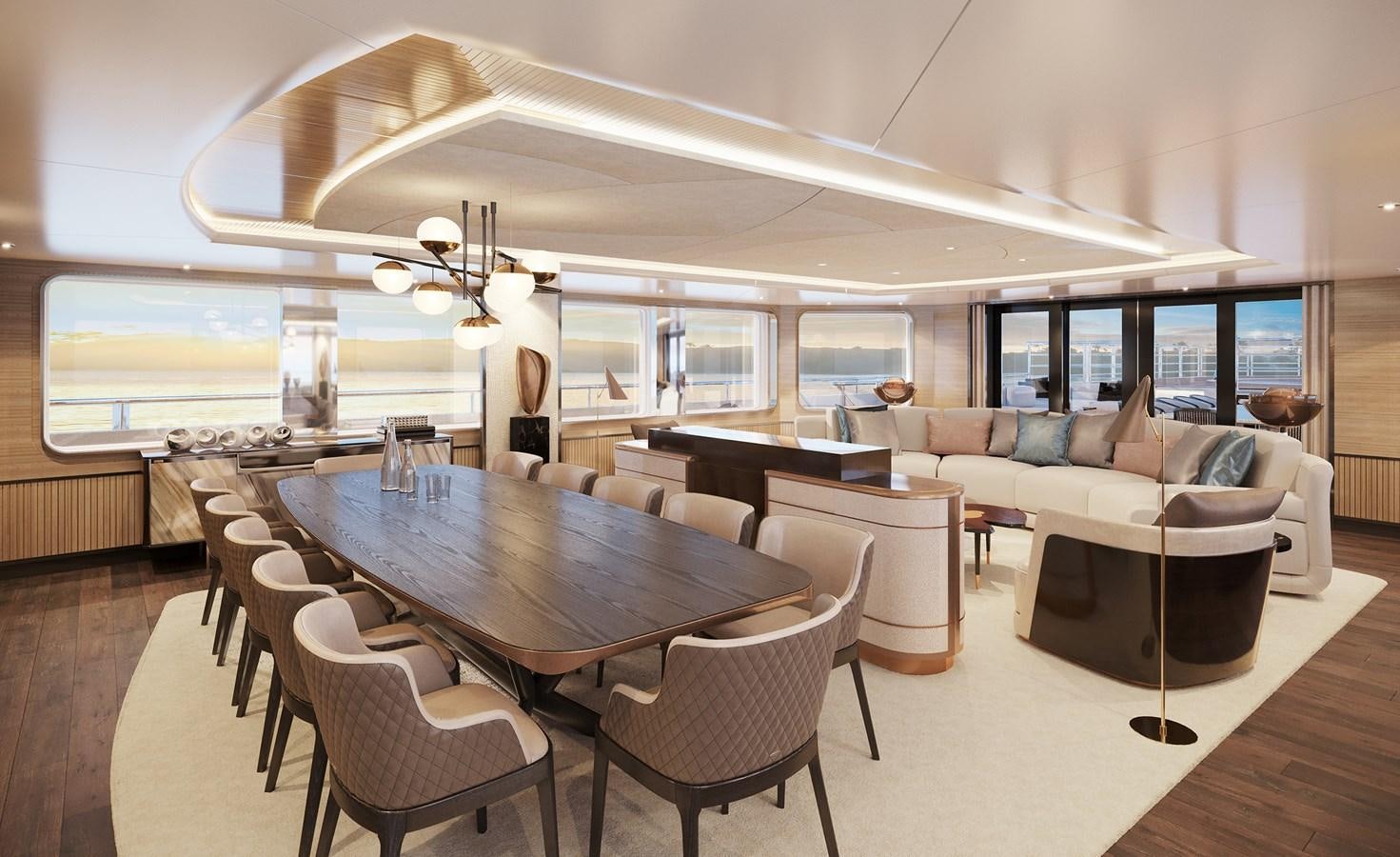 a large room with a table and chairs aboard SEAXPLORER 60 Yacht for Sale