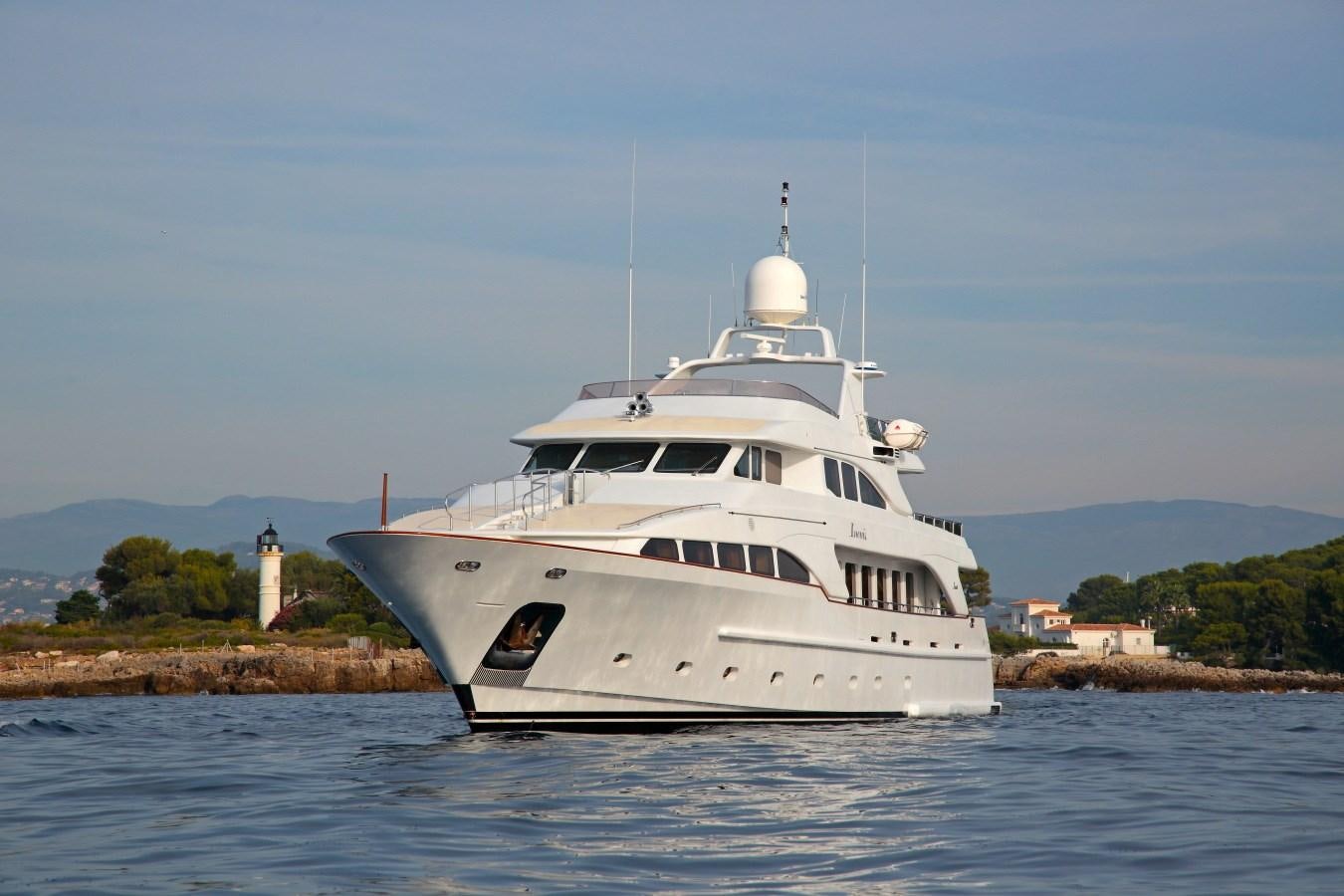 a white boat on water aboard INOUIS Yacht for Sale