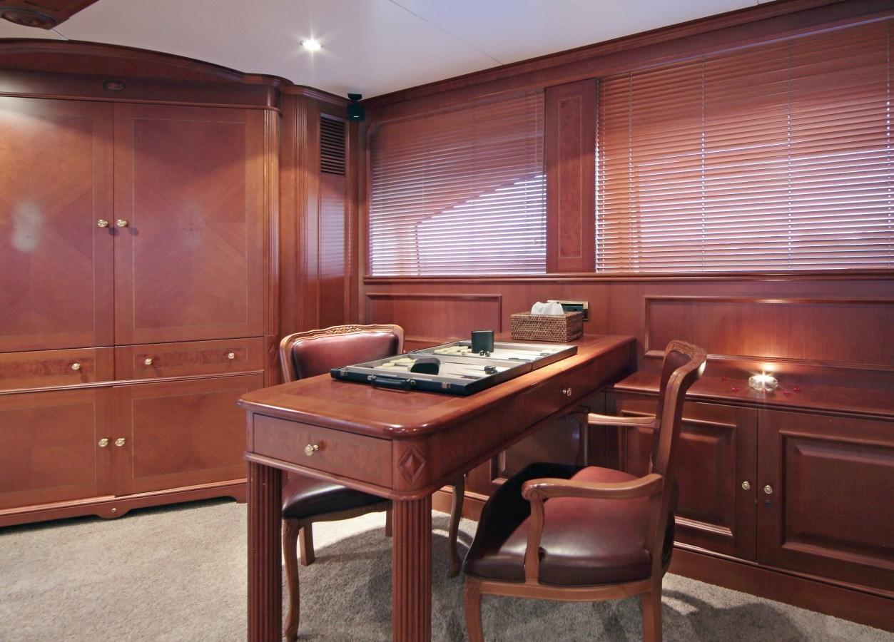 a wooden kitchen with a table and chairs aboard INOUIS Yacht for Charter