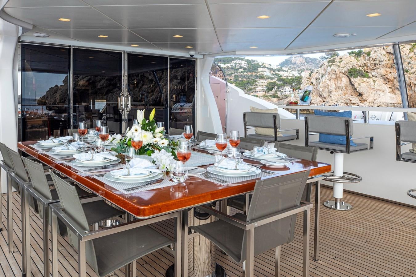 a table set with plates and glasses aboard ORSO 3 Yacht for Sale