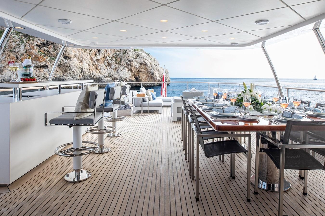 a room with tables and chairs aboard ORSO 3 Yacht for Sale