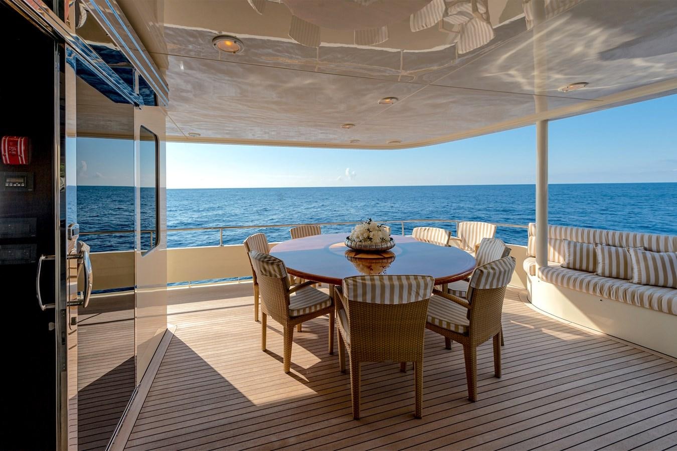 a table and chairs on a deck overlooking the ocean aboard LIBERTA Yacht for Sale