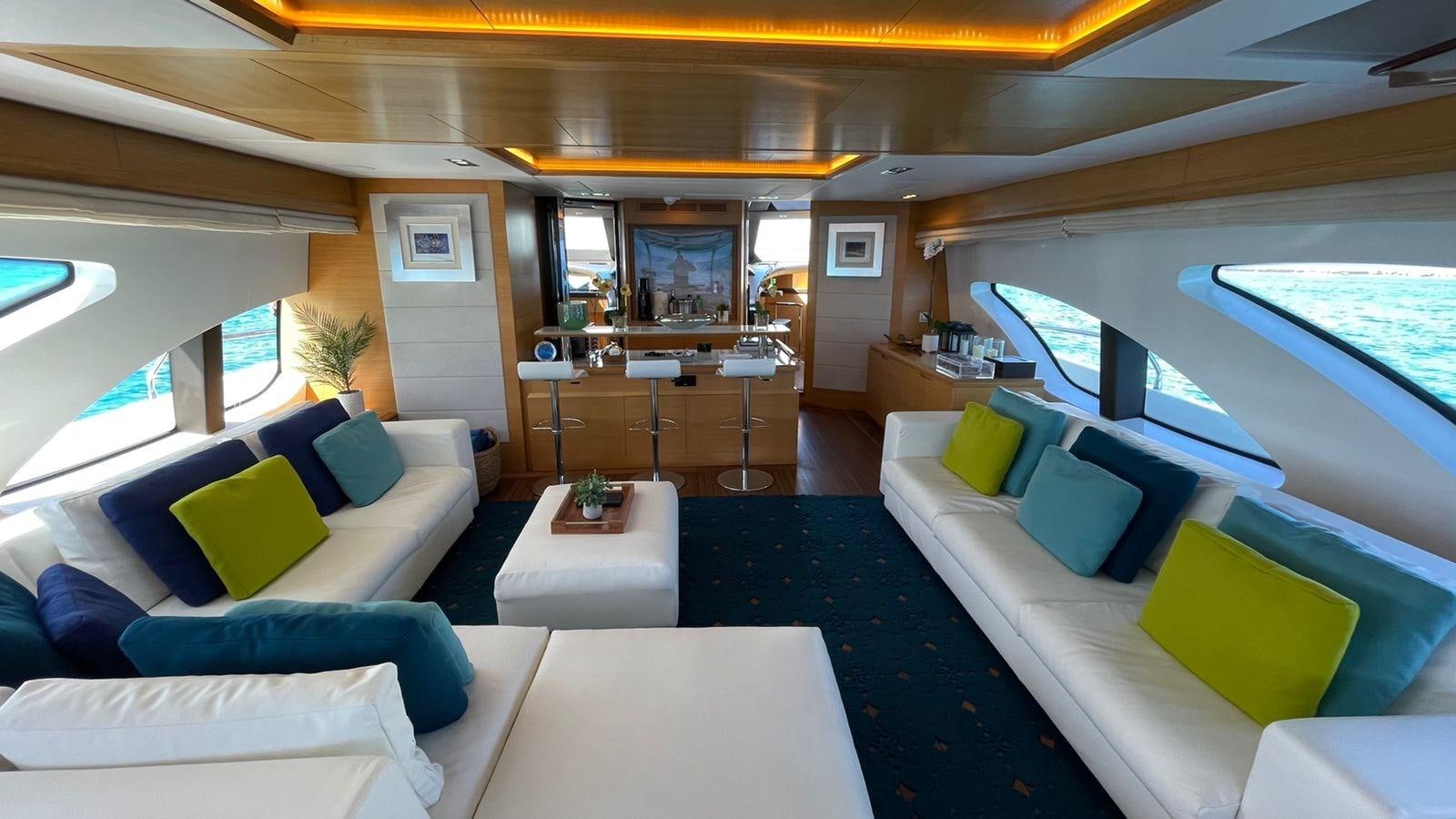 a room with a couch and a table and a television aboard VICTORIOUS Yacht for Sale