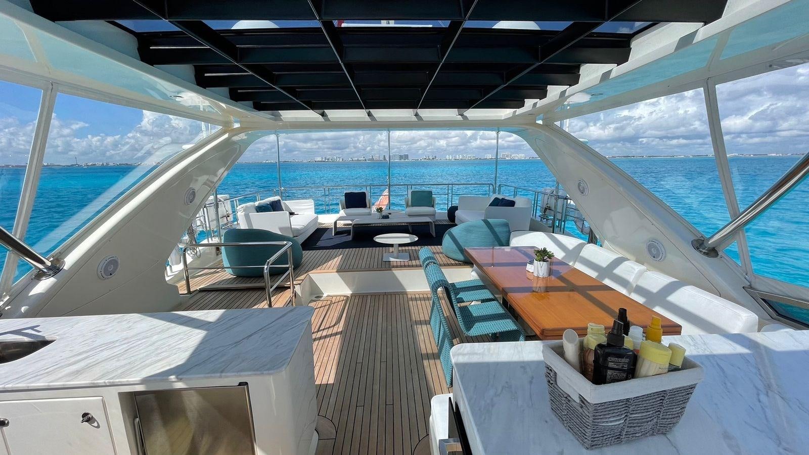 a deck with a view of the ocean and the deck aboard VICTORIOUS Yacht for Sale