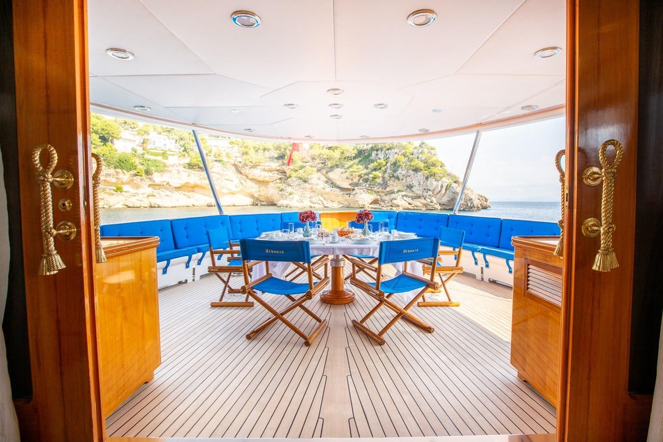 inside view of a room with a pool and a large window aboard ALDONZA Yacht for Sale
