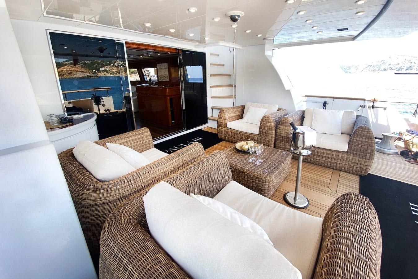 a living room with a large screen aboard PAULA III Yacht for Sale
