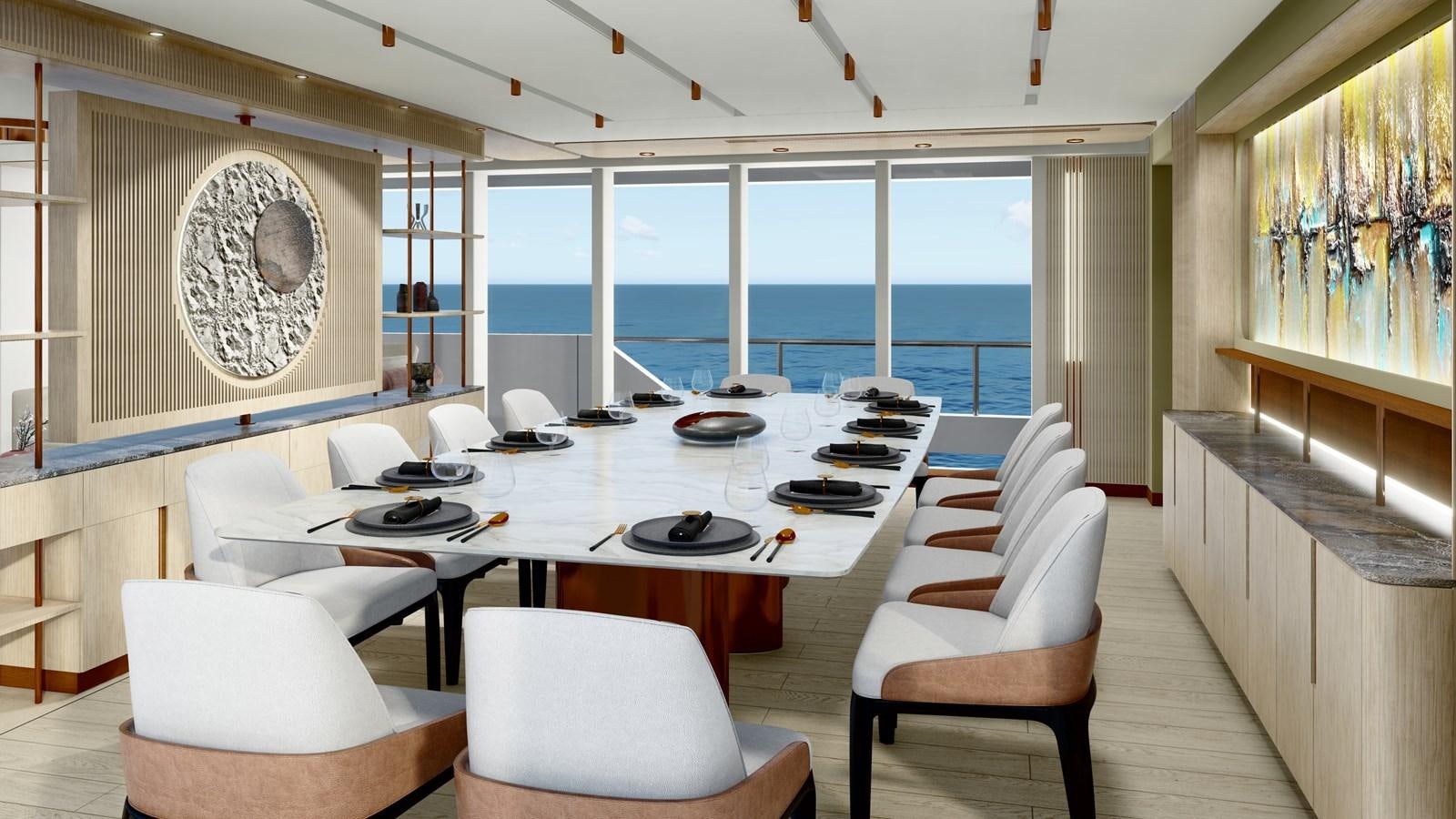 a large room with a table and chairs aboard PROJECT ARTEMIS Yacht for Sale