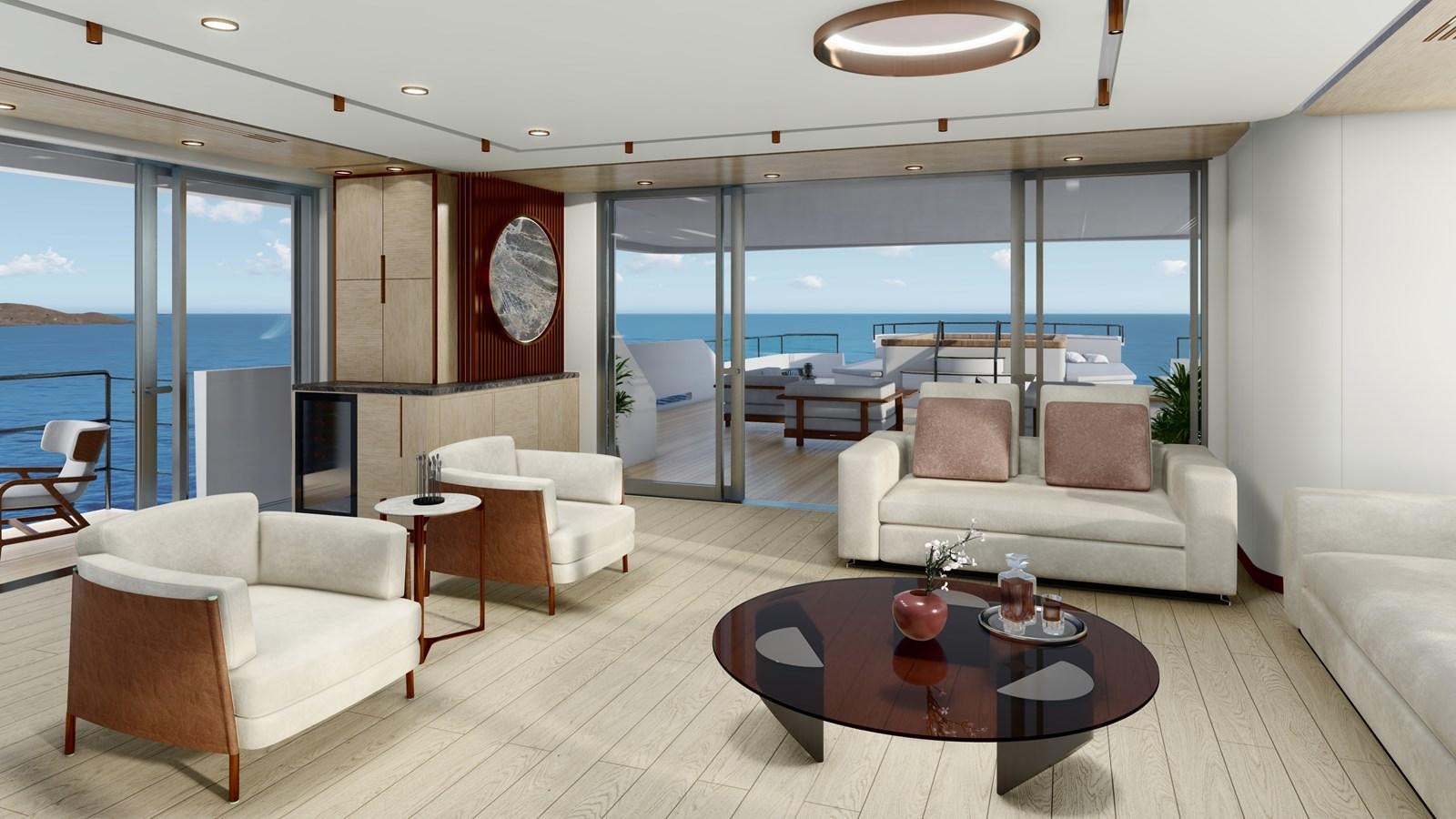 a living room with a large window aboard PROJECT ARTEMIS Yacht for Sale