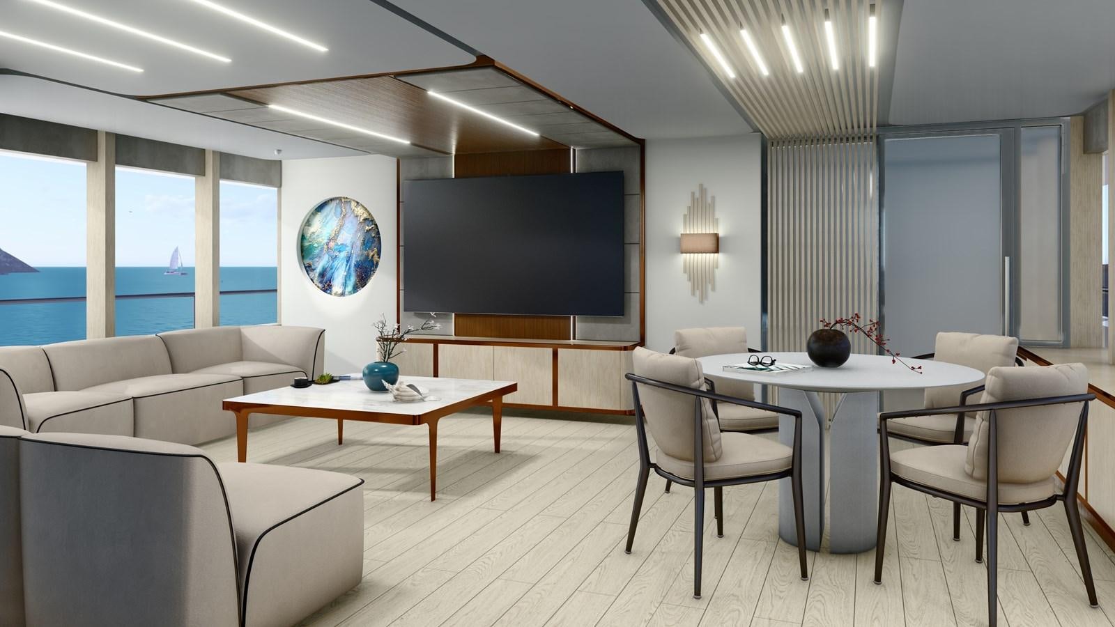 a room with a table and chairs aboard PROJECT ARTEMIS Yacht for Sale