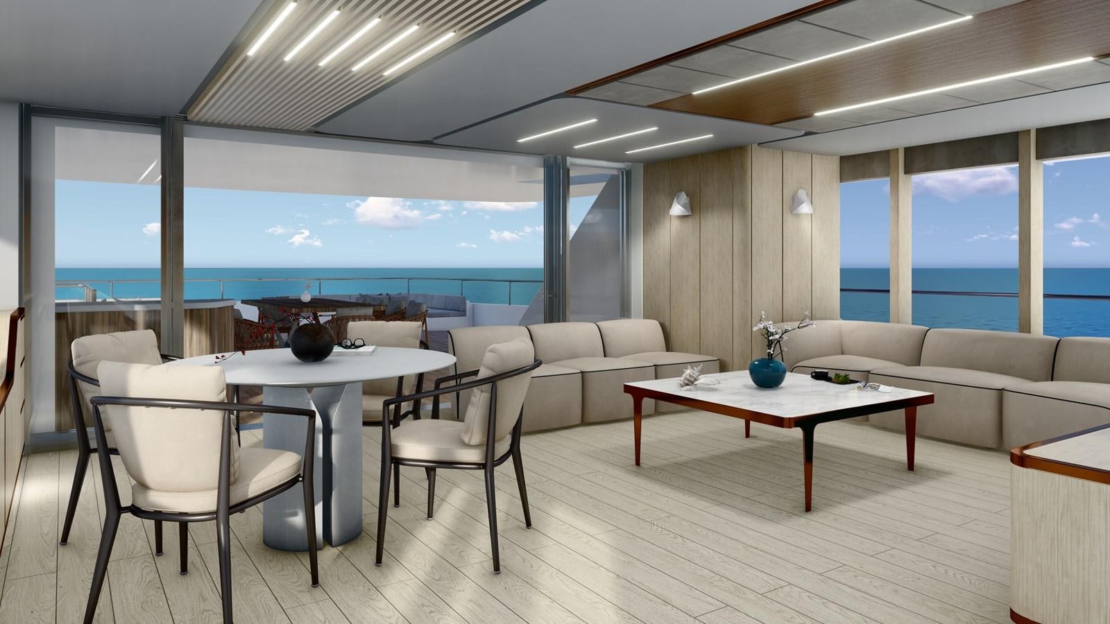 a room with a table and chairs aboard PROJECT ARTEMIS Yacht for Sale