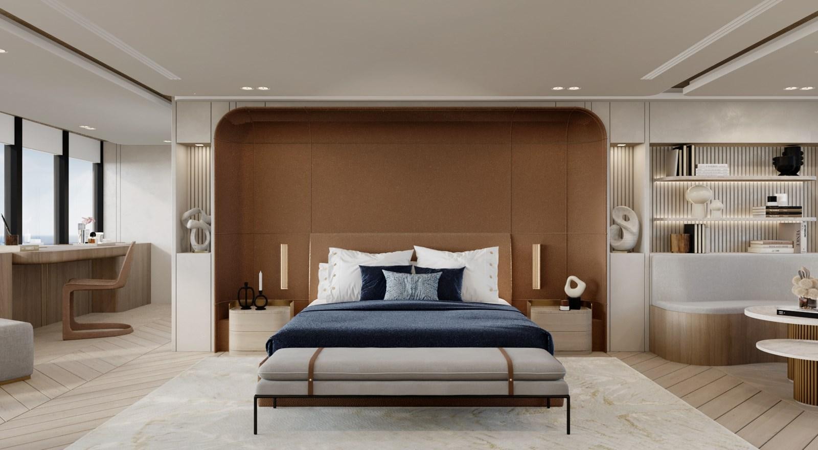 a bed in a room aboard PROJECT ARTEMIS Yacht for Sale