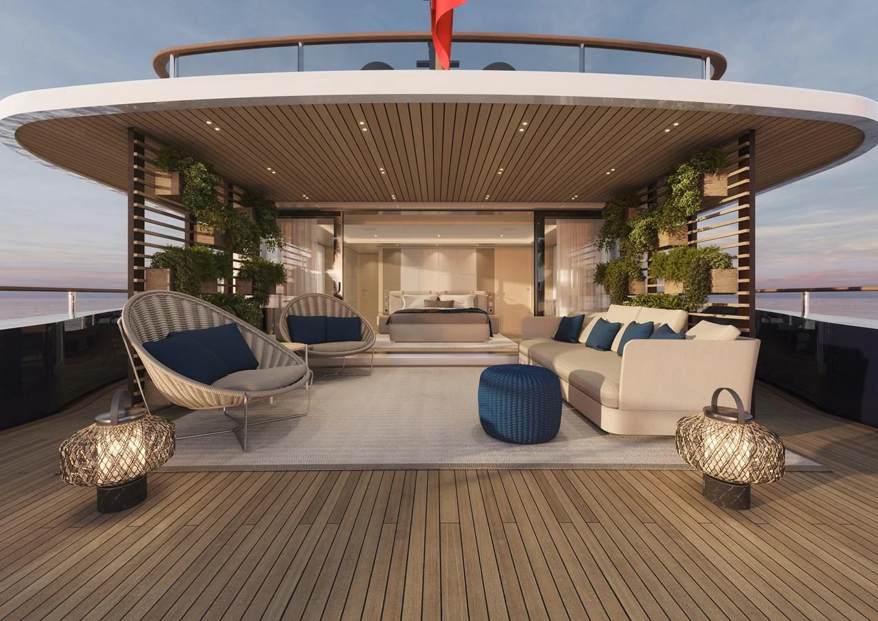 a modern house with a large patio aboard 500EXP - SANLORENZO Yacht for Sale