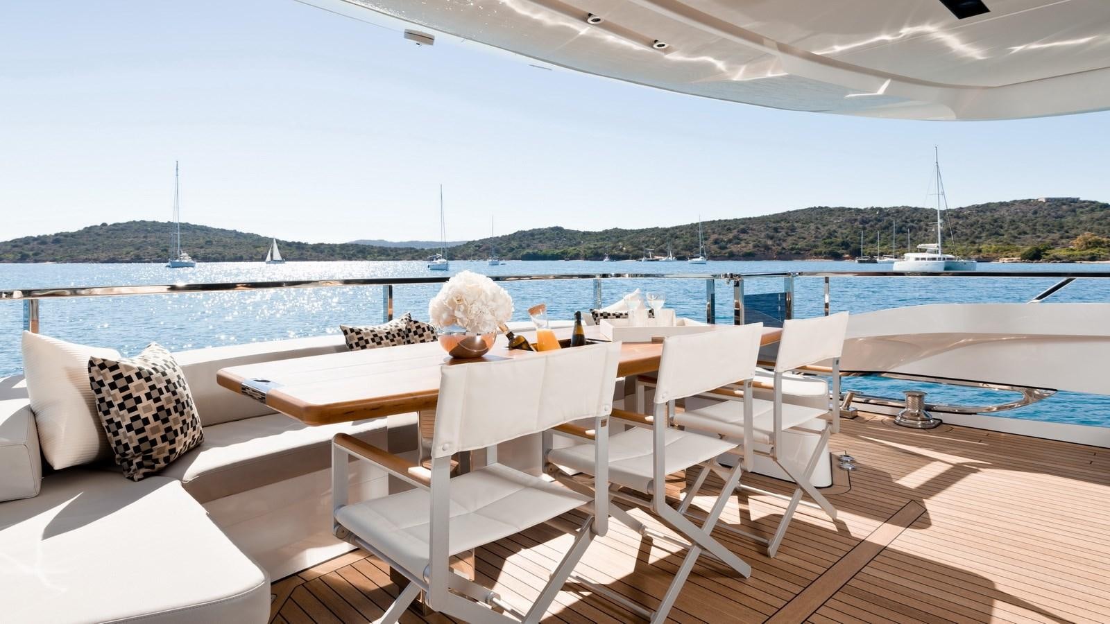 a table and chairs on a deck aboard YORAL Yacht for Sale