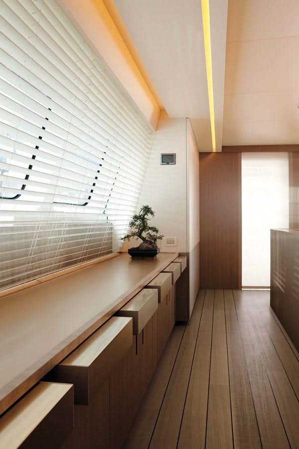 a kitchen with a large window aboard ENTERPRISE Yacht for Sale